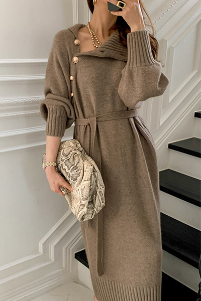 Casual Elegant Solid Buckle With Belt Turtleneck Dresses - Image 6
