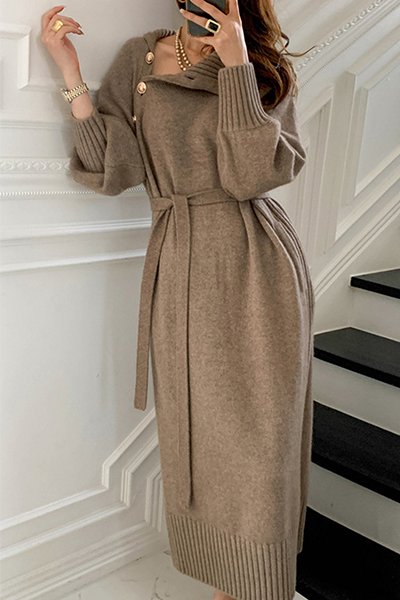 Casual Elegant Solid Buckle With Belt Turtleneck Dresses - Image 7