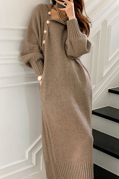 Casual Elegant Solid Buckle With Belt Turtleneck Dresses - Image 8