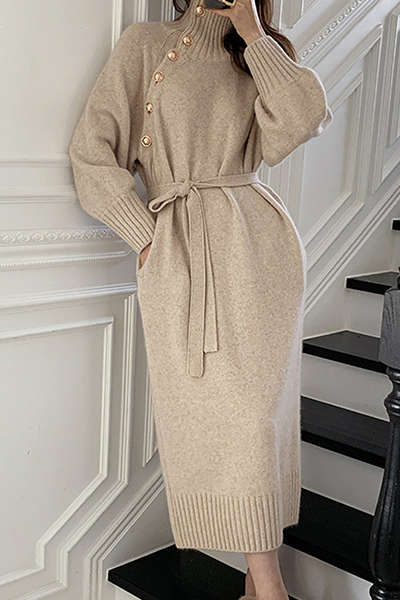 Casual Elegant Solid Buckle With Belt Turtleneck Dresses - Image 2