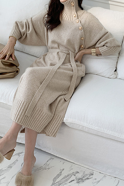 Casual Elegant Solid Buckle With Belt Turtleneck Dresses - Image 4