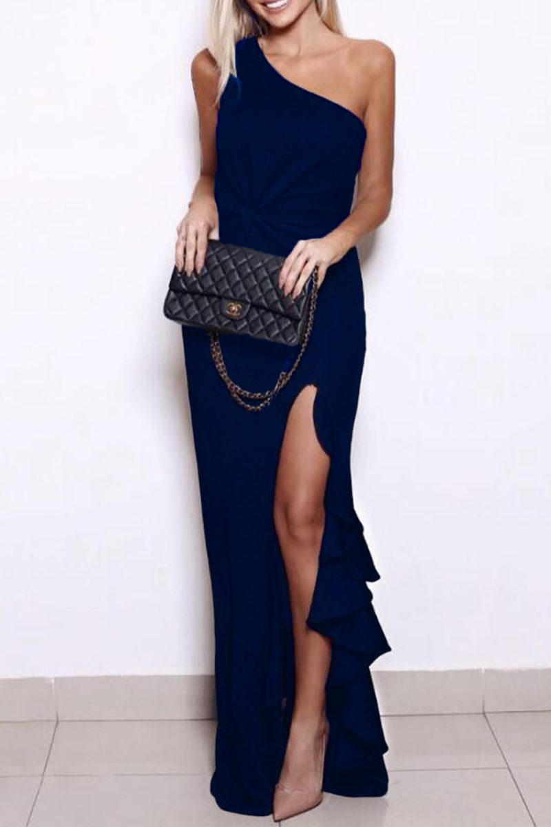 Elegant Solid Flounce Slit One Shoulder Evening Dress Dresses(5 Colors) - Image 3