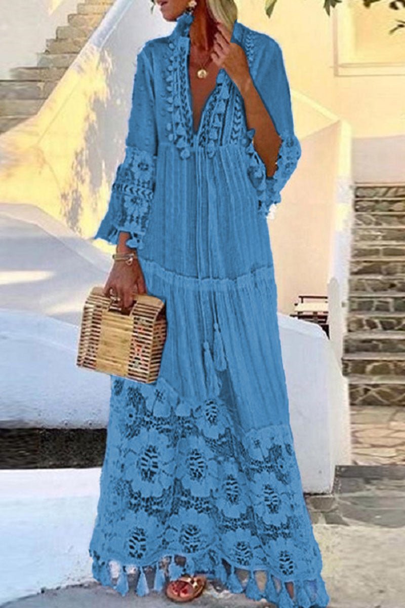 Fashion British Style Solid Patchwork V Neck A Line Dresses(4 Colors) - Image 4