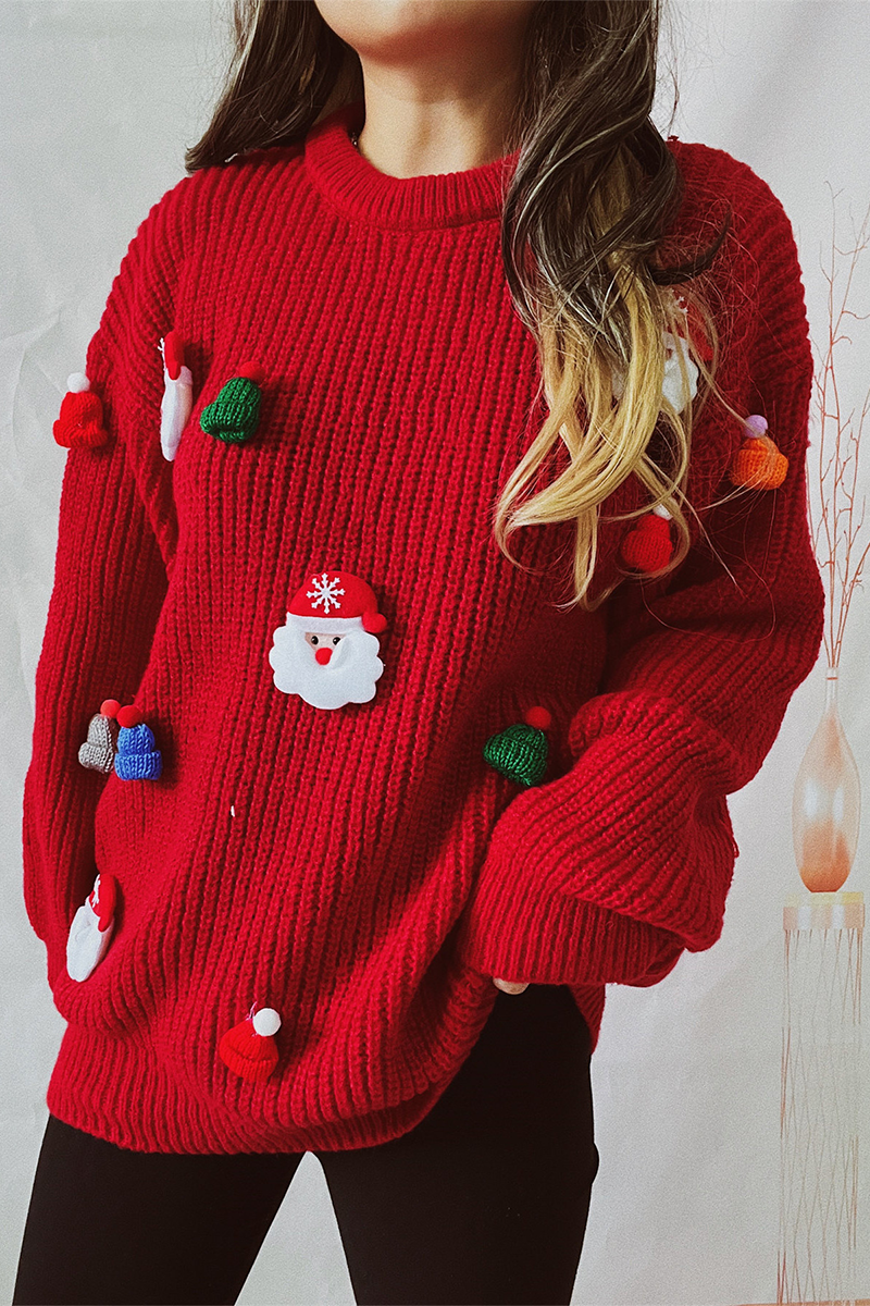 Casual Santa Claus Christmas Tree Patchwork Weave O Neck Sweaters - Image 2