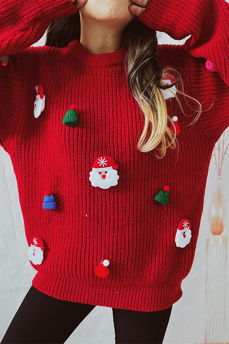 Casual Santa Claus Christmas Tree Patchwork Weave O Neck Sweaters - Image 4